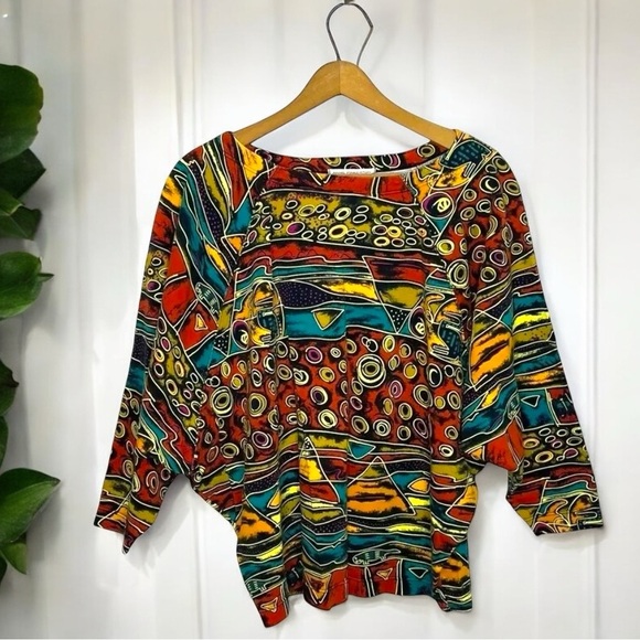 ANNE PINKERTON Quirky Dolman Sleeve Abstract Artsy Aztec Geometric Print Shirt - Picture 1 of 10